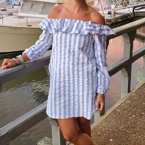 Christian Caliendo Striped Off the Shoulder Dress | Blue Striped Dress